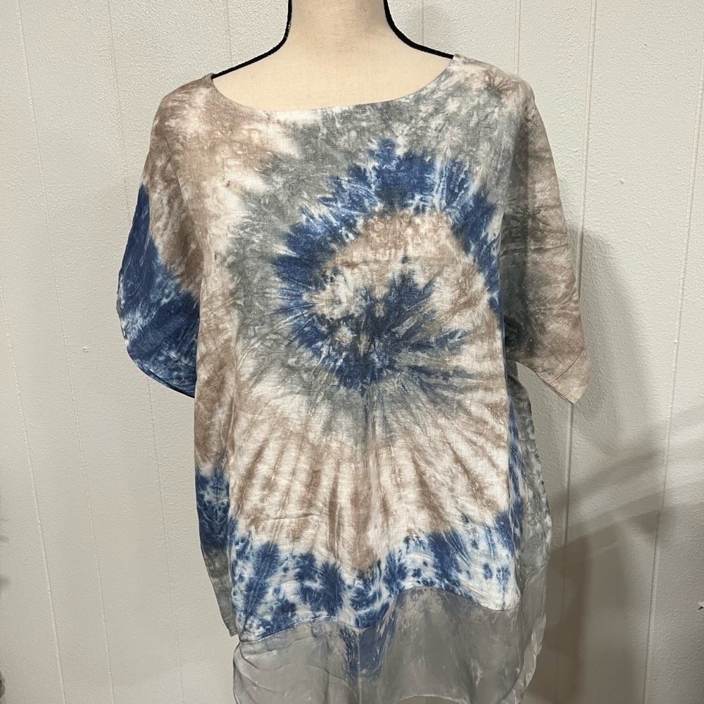 Valentina Naldi asymmetric beige and blue tie dye linen top - Picture 3 of 6